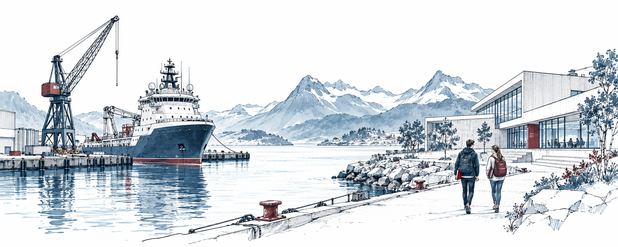 Drawing of a vessel, shipyard and students beside a coastal research building