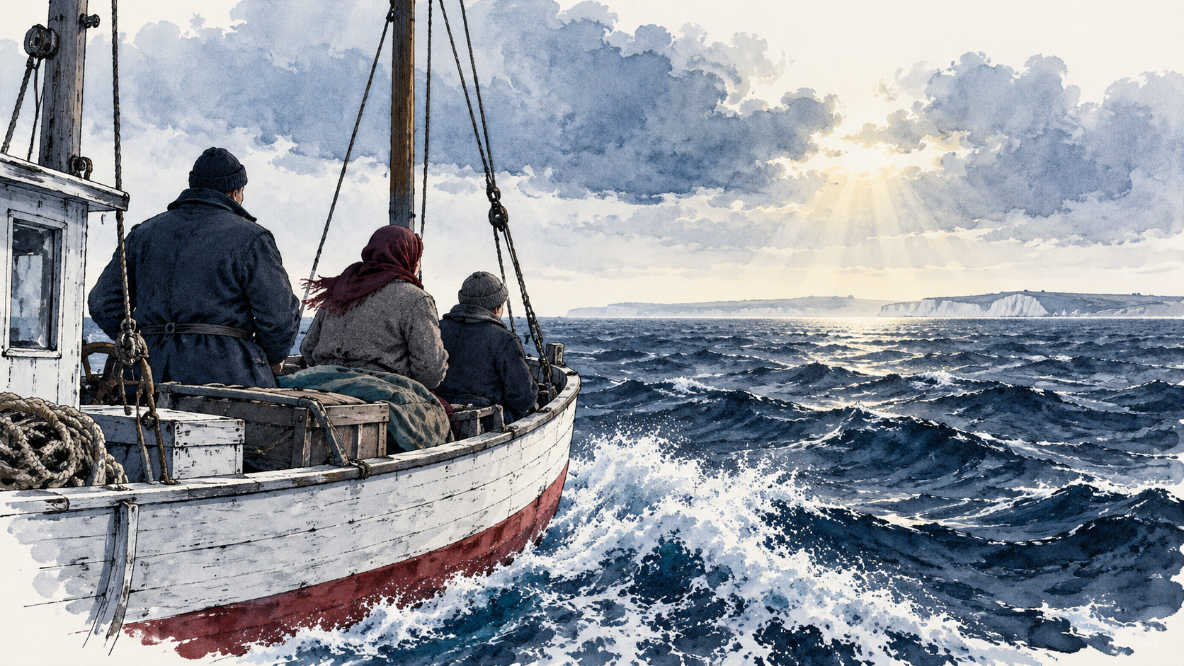 Illustration of civilians aboard a fishing boat crossing the sea towards Britain